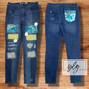 Seven7 Womens Skinny Jeans Aqua Blue Green Flower Patch Boho Charm Size 10